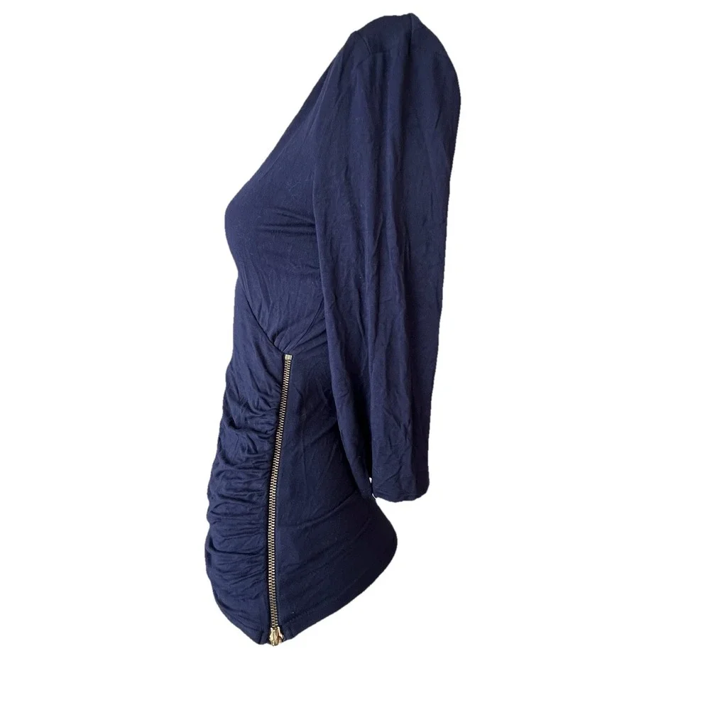 Michael Kors Navy Viscose Spandex 3/4 Sleeve Side Zip V Neck T Shirt Women's  XS